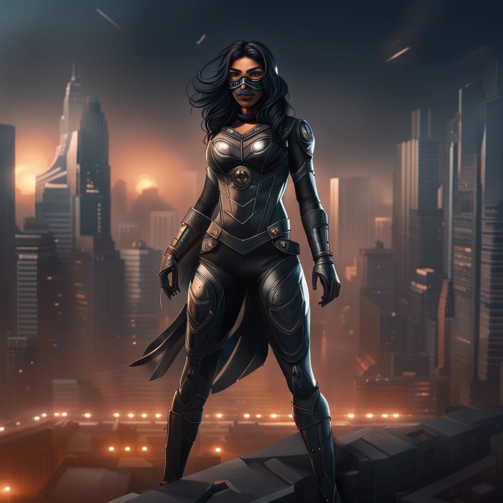 Indian Superheroine in Tactical Armor on Rooftop