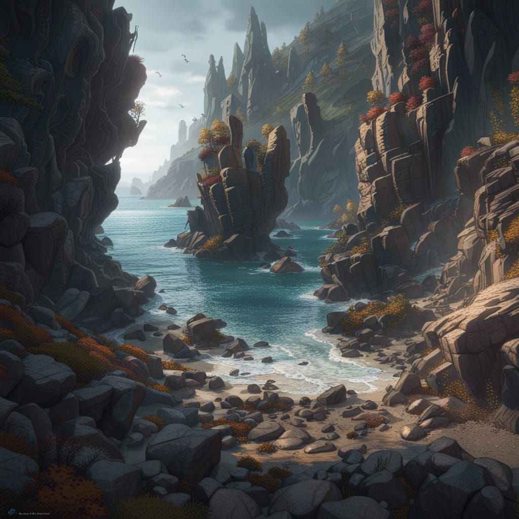 Dramatic Rocky Shoreline in Dark Fantasy Style