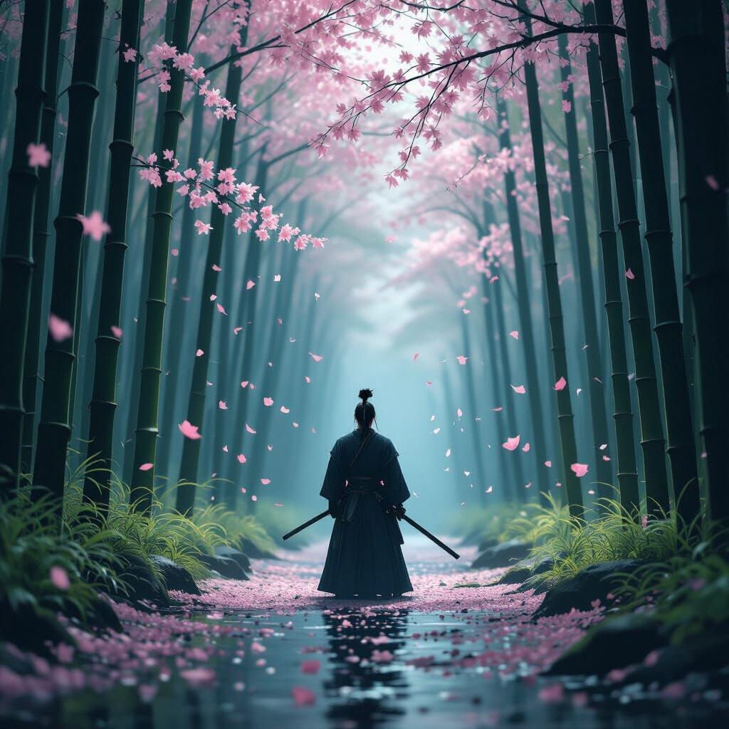 Samurai Meditates in Bamboo Forest with Falling Blossoms