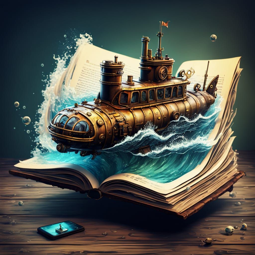 Steampunk Submarine Illustration Spilling From Book Pages