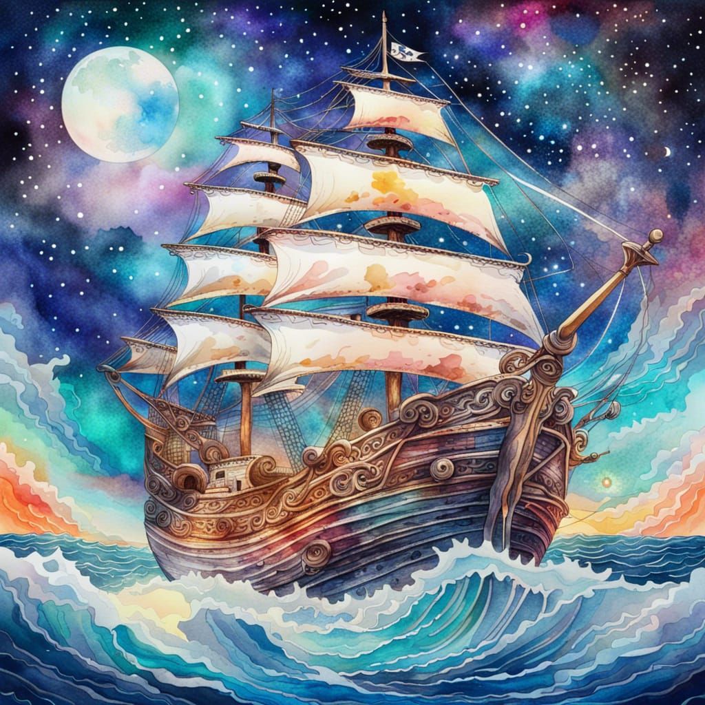 Mystical Pirate Ship in Swirly Watercolor Style