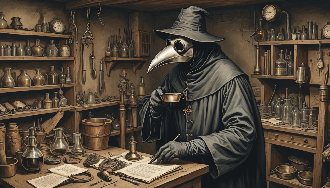 Medieval Plague Doctor in Subterranean Lab