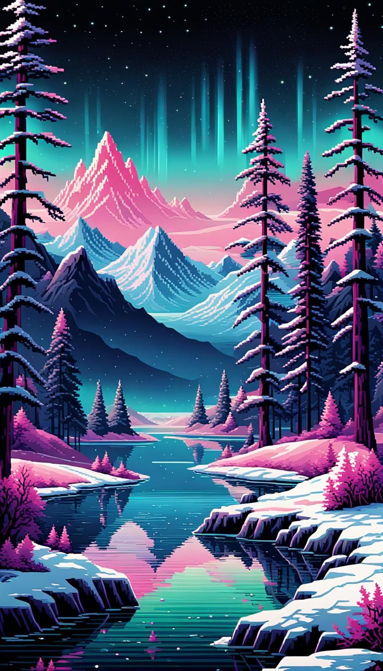 16-bit Pixel Art Snowy Landscape with Aurora Borealis