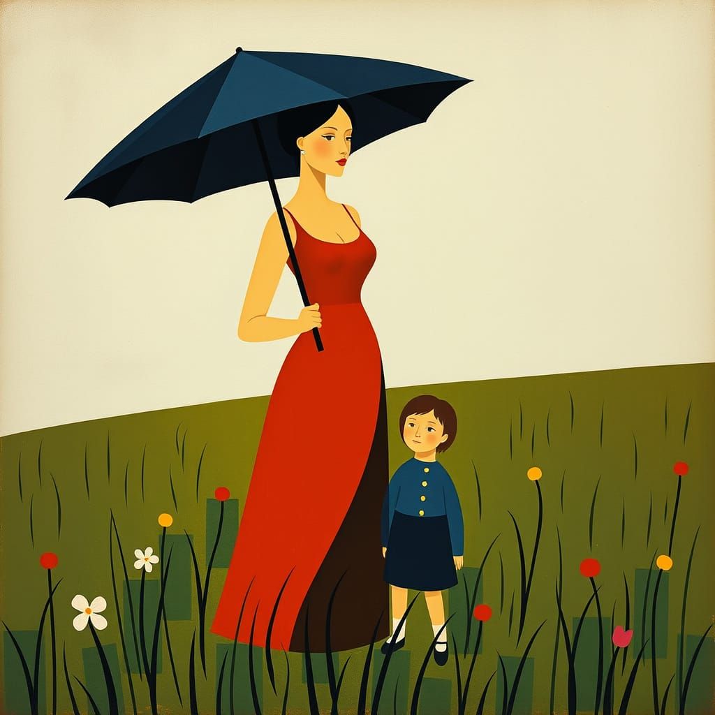 Woman with Parasol: Abstract Cubism in a Meadow