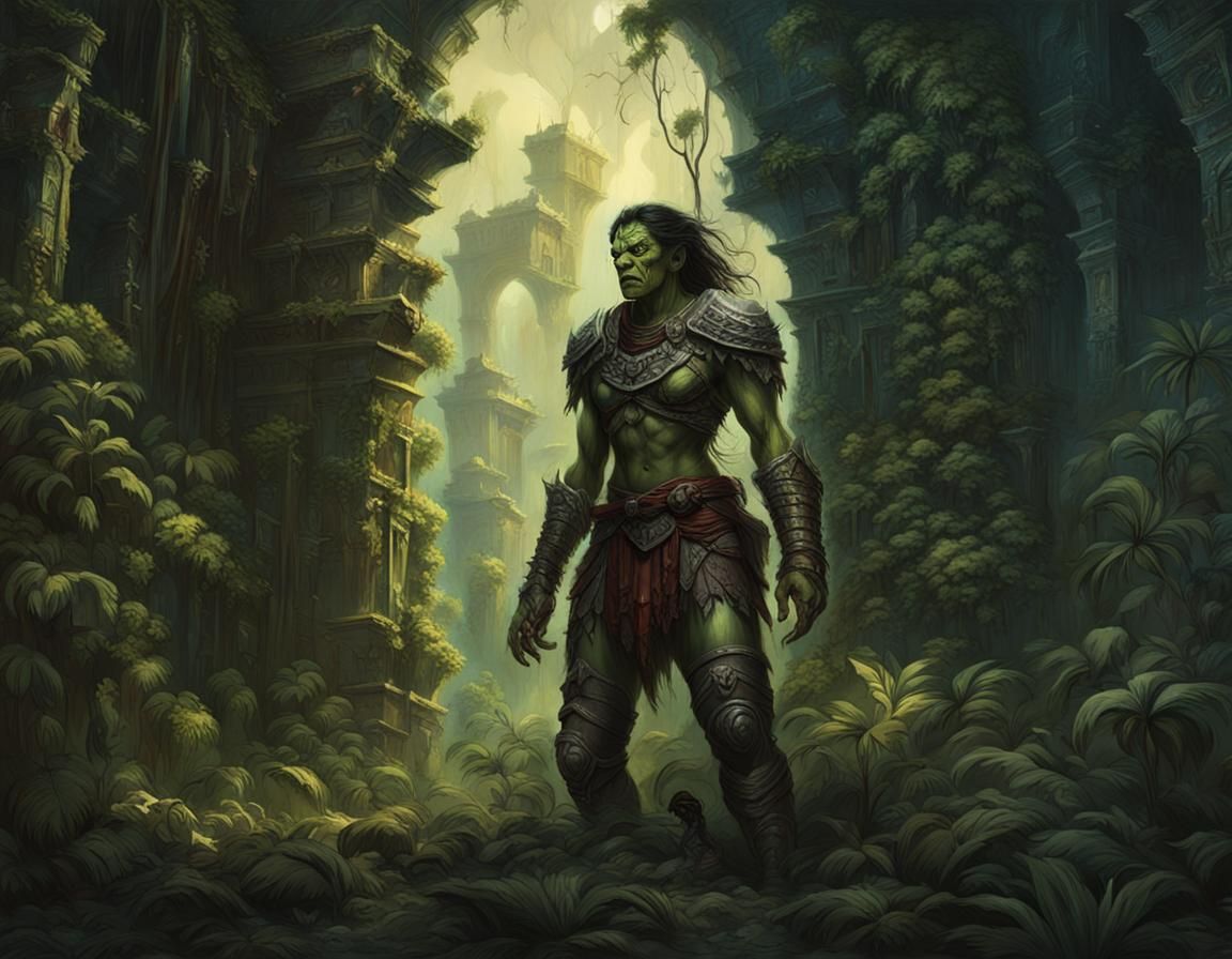Orc Adventurer in Jungle Temple Ruins Oil Painting