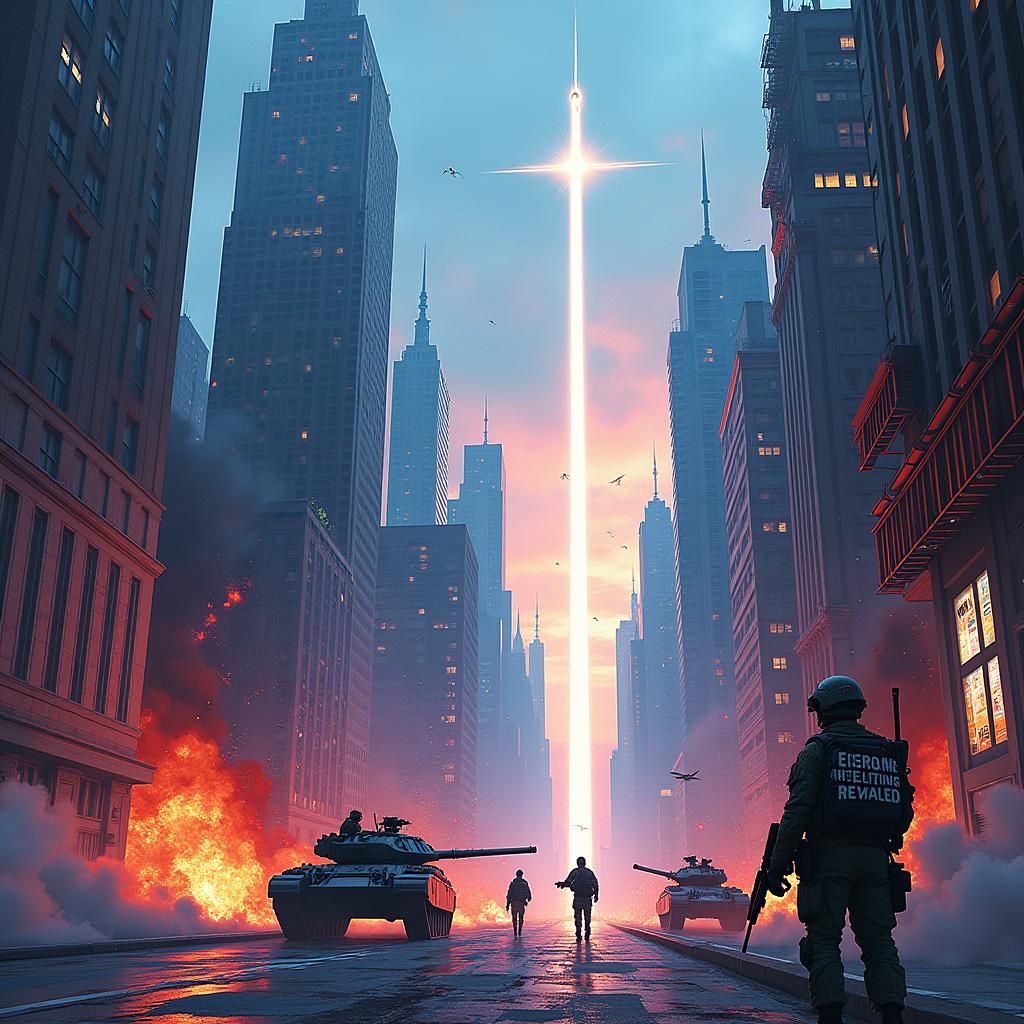 Futuristic Cityscape Under Siege: Graffiti Art Style