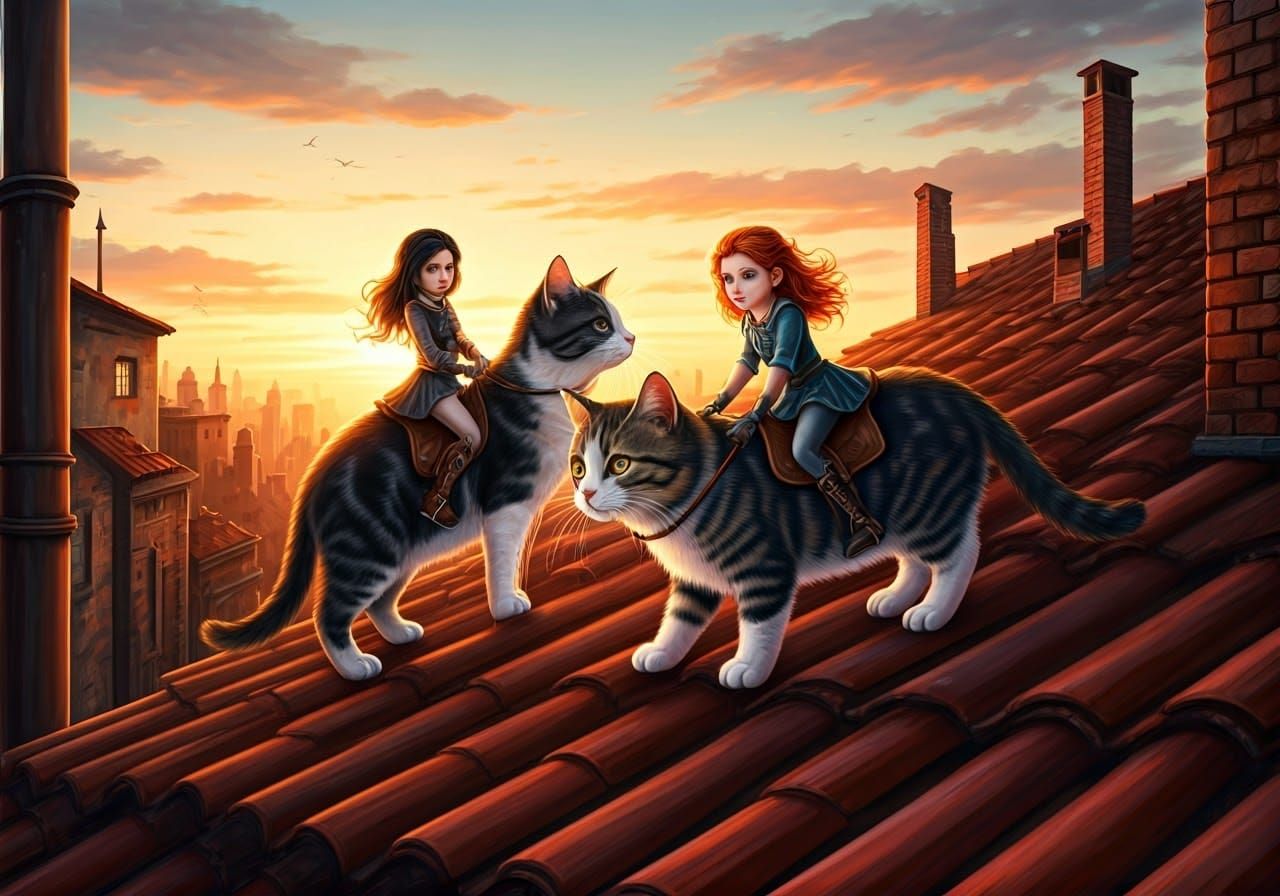 Fantasy Girls Riding Cats at Sunset: Pencil Art