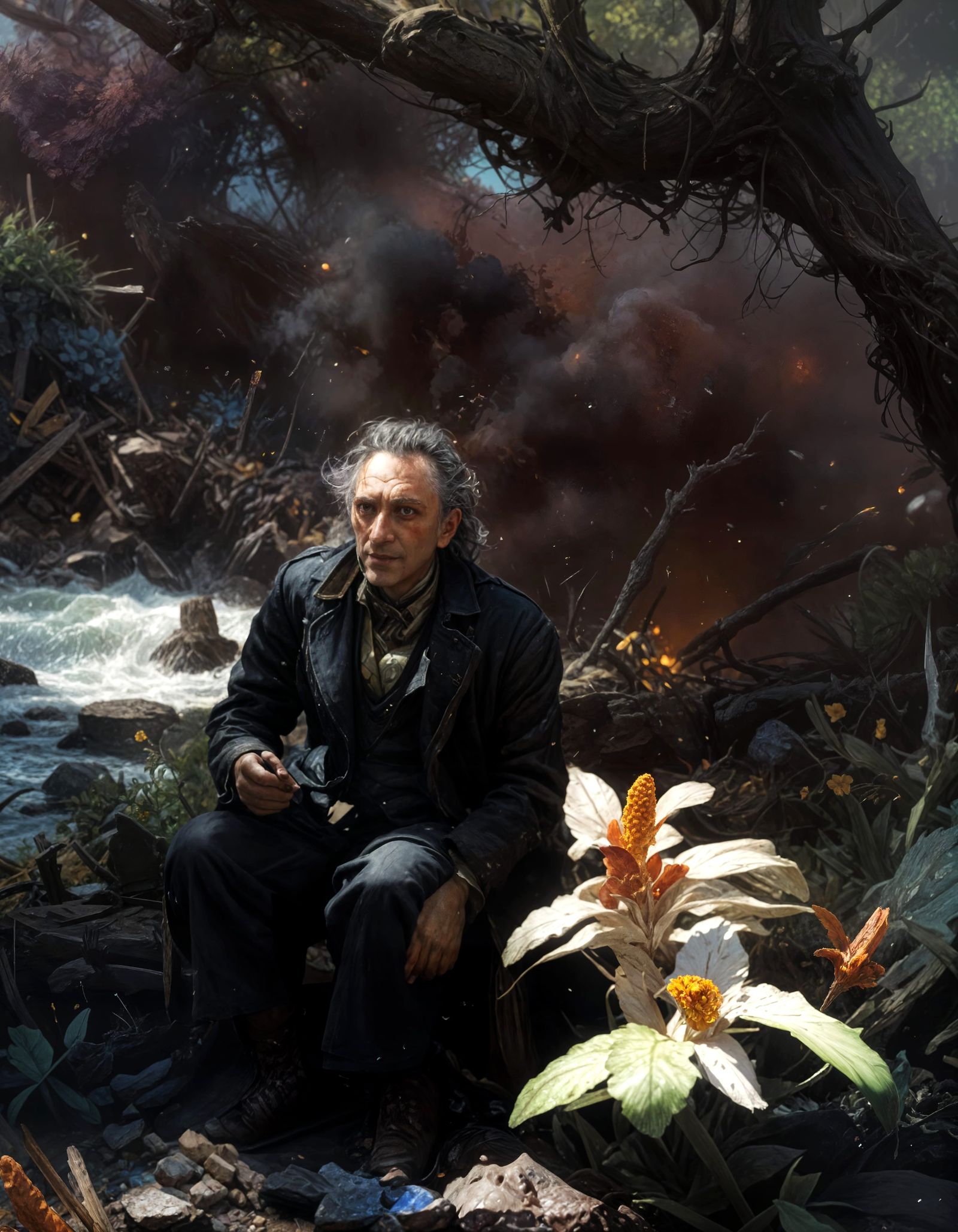 flower has bloomed despite the war around it and the man fleeing for his life