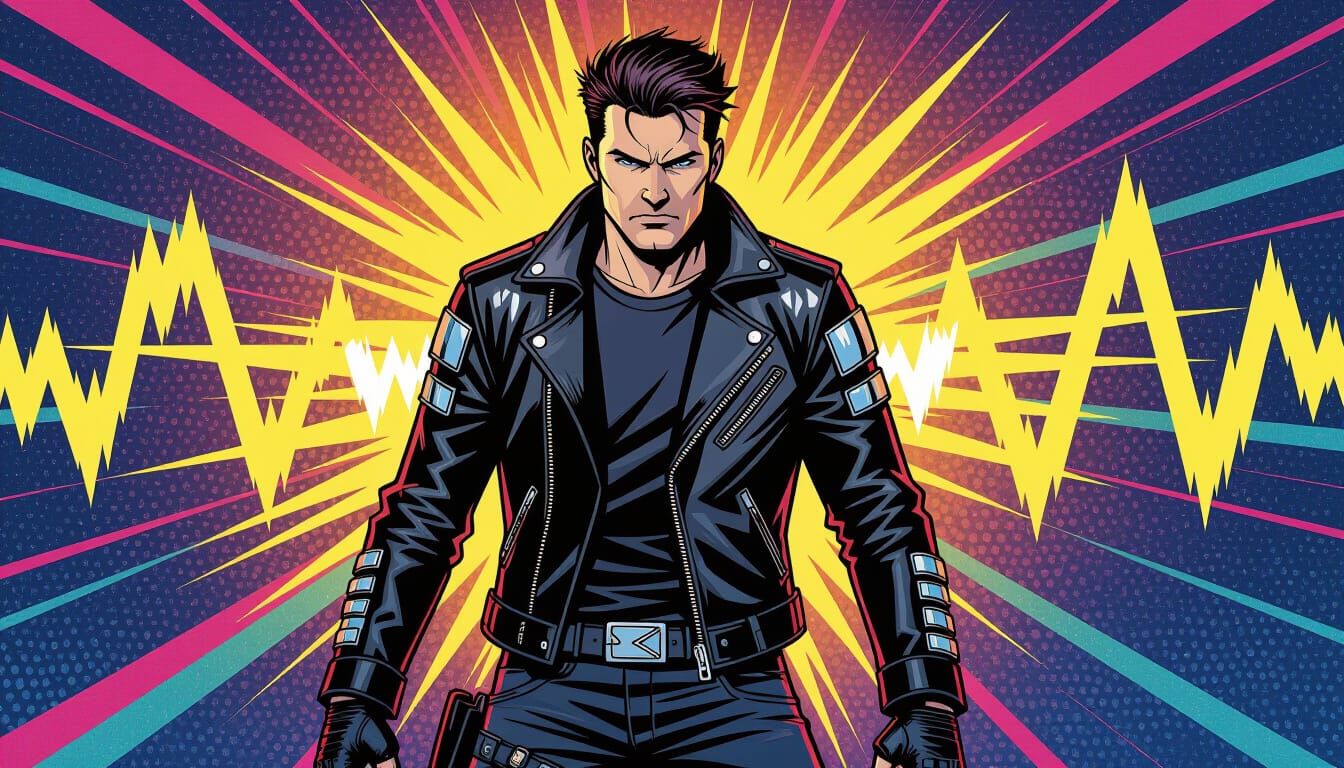Figure in Black Leather Jacket with Sound Waves