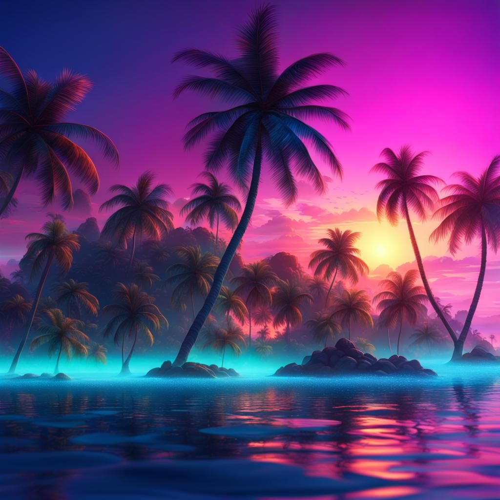 Neon Tropical Sunset with Palm Trees: Fantasy Art
