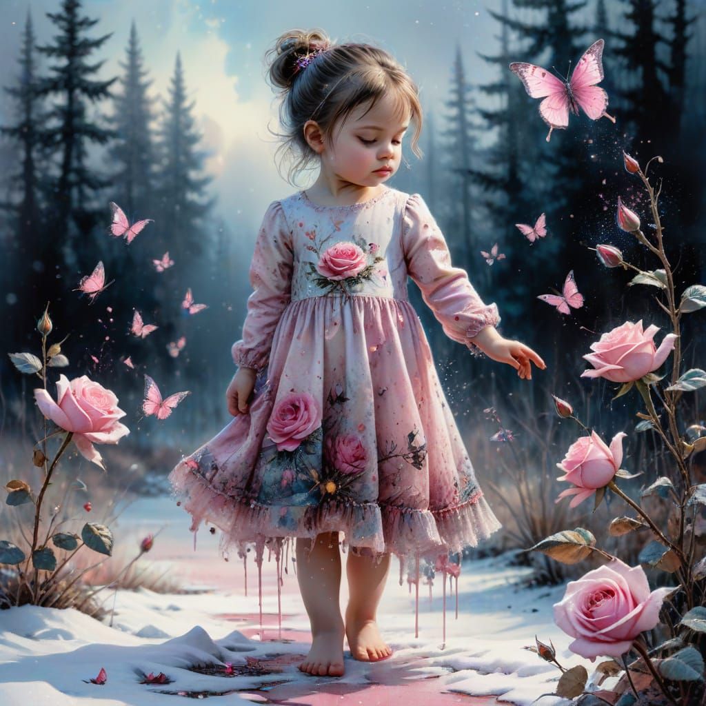 Toddler in Pink Dress Admiring Rose in Winter Landscape