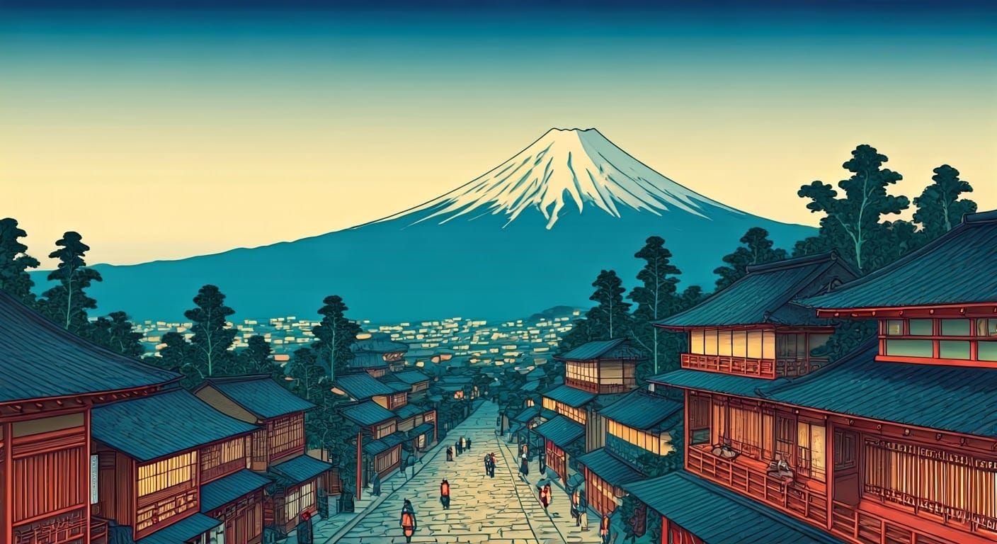 Mount Fuji and Old Japan in Ukiyo-e Style