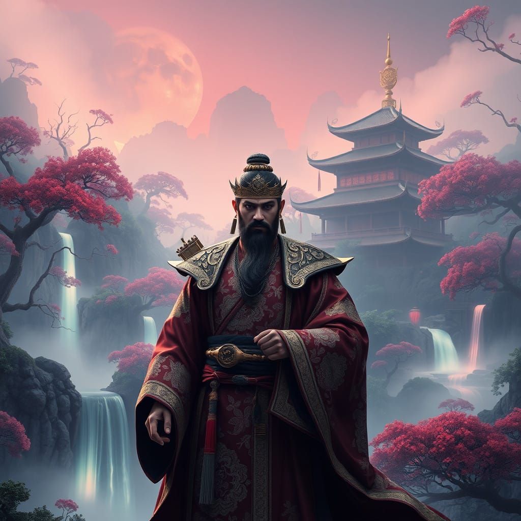 Ethereal Chinese Warrior in Ancient Forest Landscape