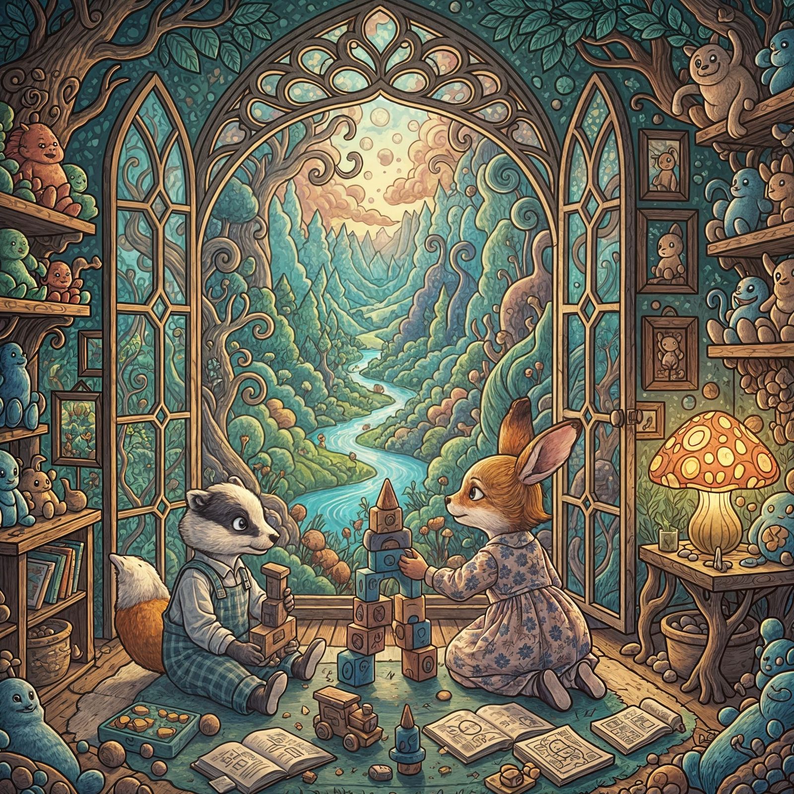 Children Gazing at Nature from Cozy Game Room