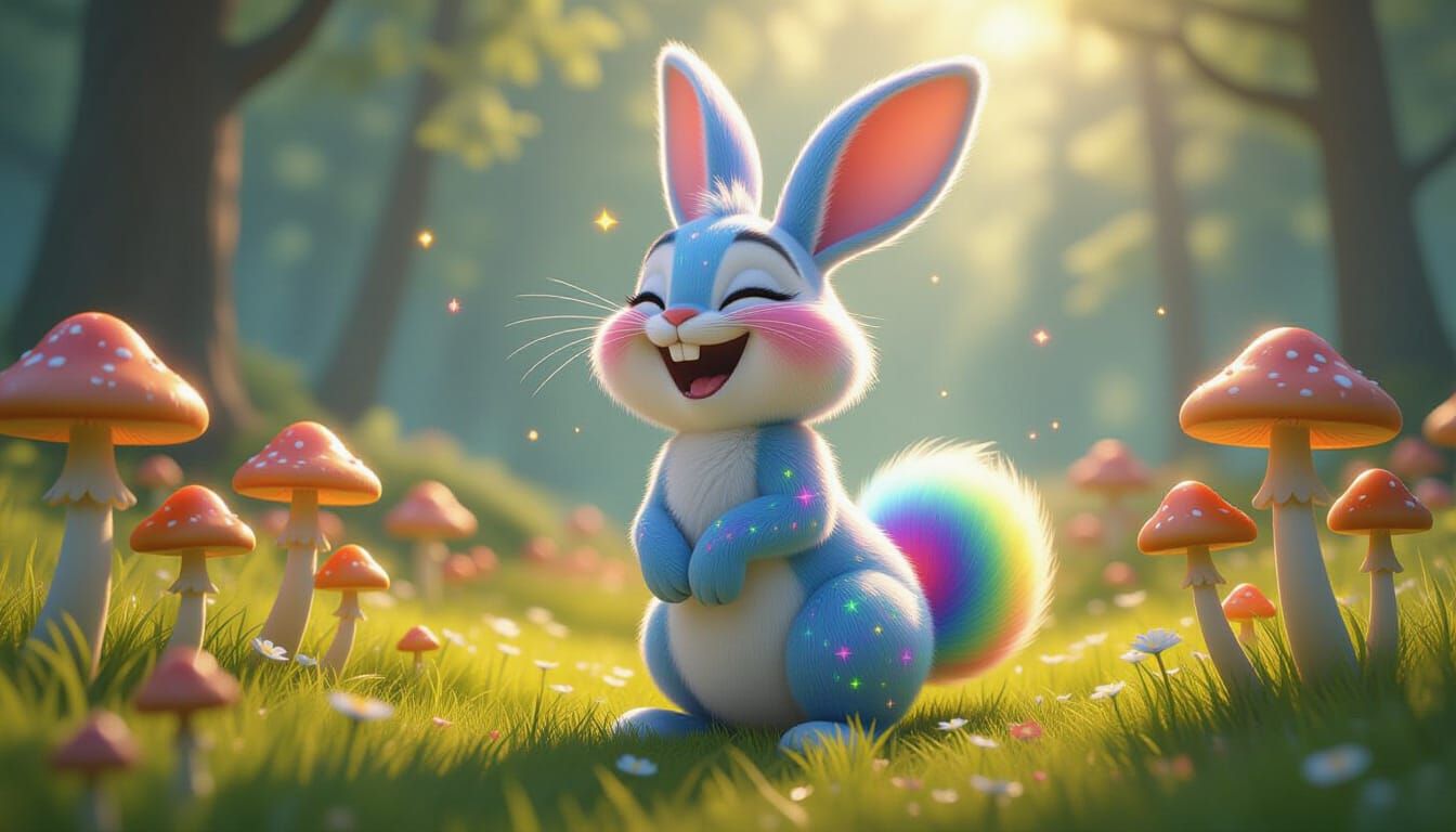 Mystical Rainbow Bunny Laughing in Mushroom Field