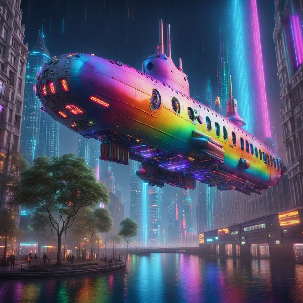 Hyperreal 8k Crazy flying submarine in rainbow colours with neat rows of portcullis aeroplane windows soaring high above...
