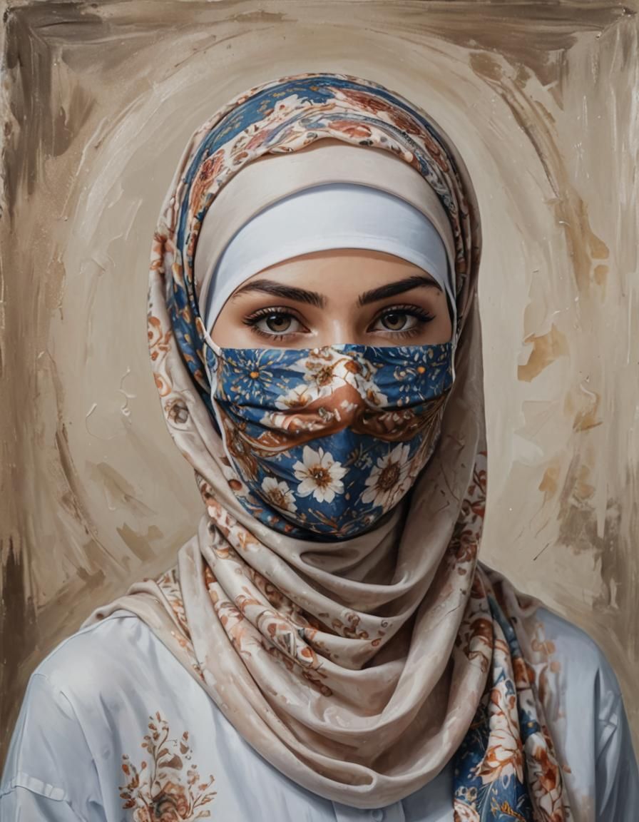 Beautiful Hijabi Woman Portrait as Oil-Gouche Painting