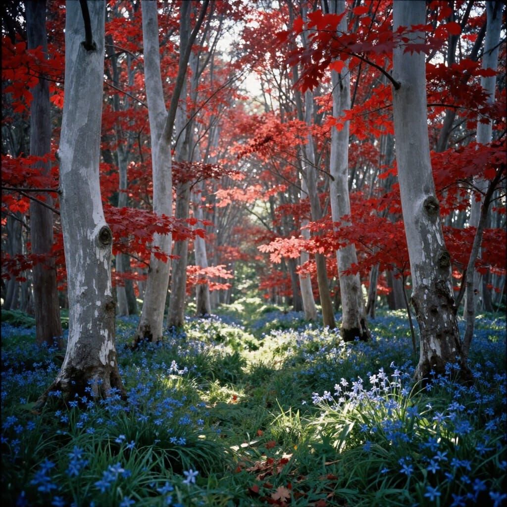 Enchanted Forest with White Trees and Red Leaves