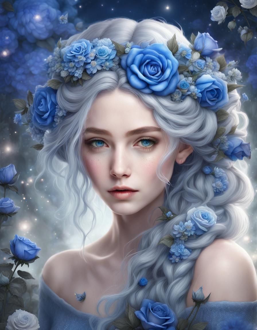 Woman with Blue Flowers in Fantasy Garden