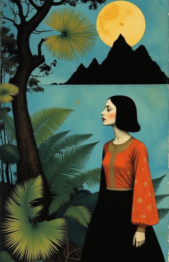 Ethereal Gothic Scene in Iridescent Blues and Copper