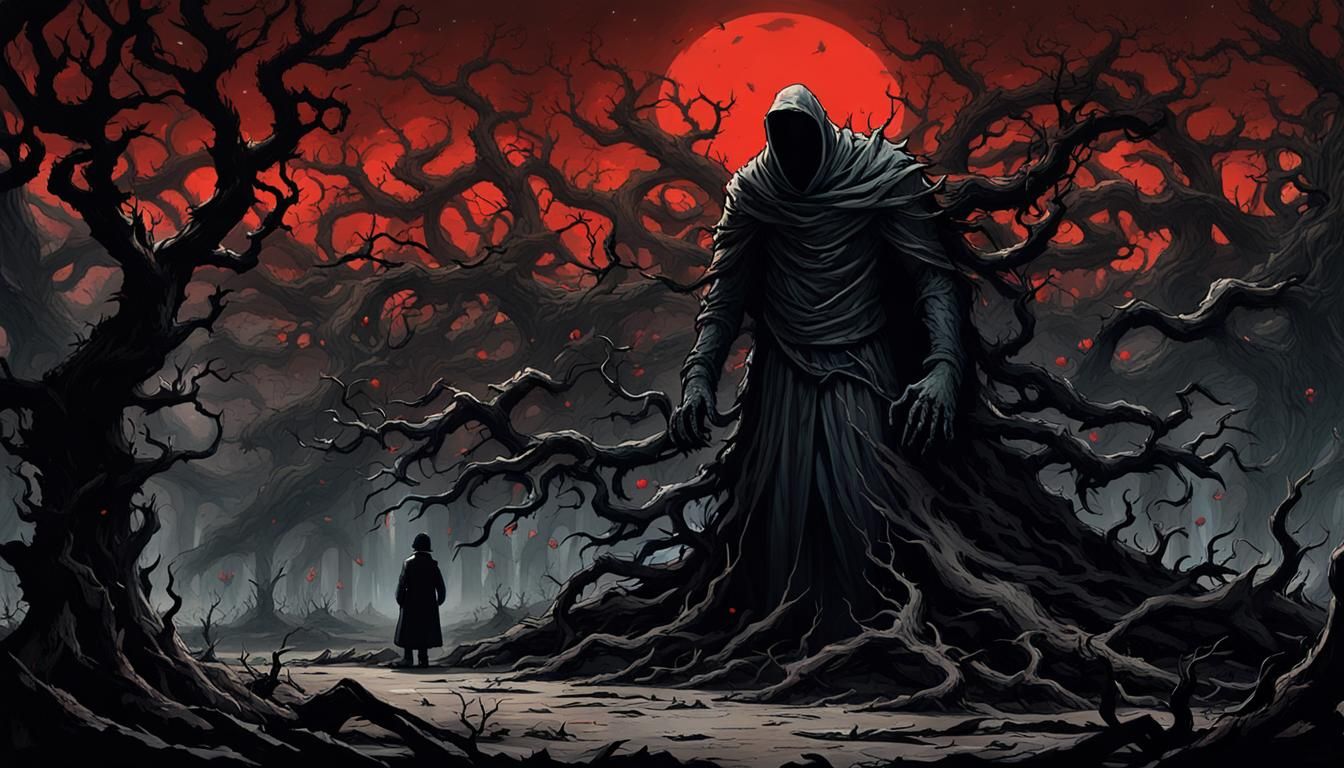 Gothic Silhouette Under Blood Moon: Hyperrealistic Digital A...