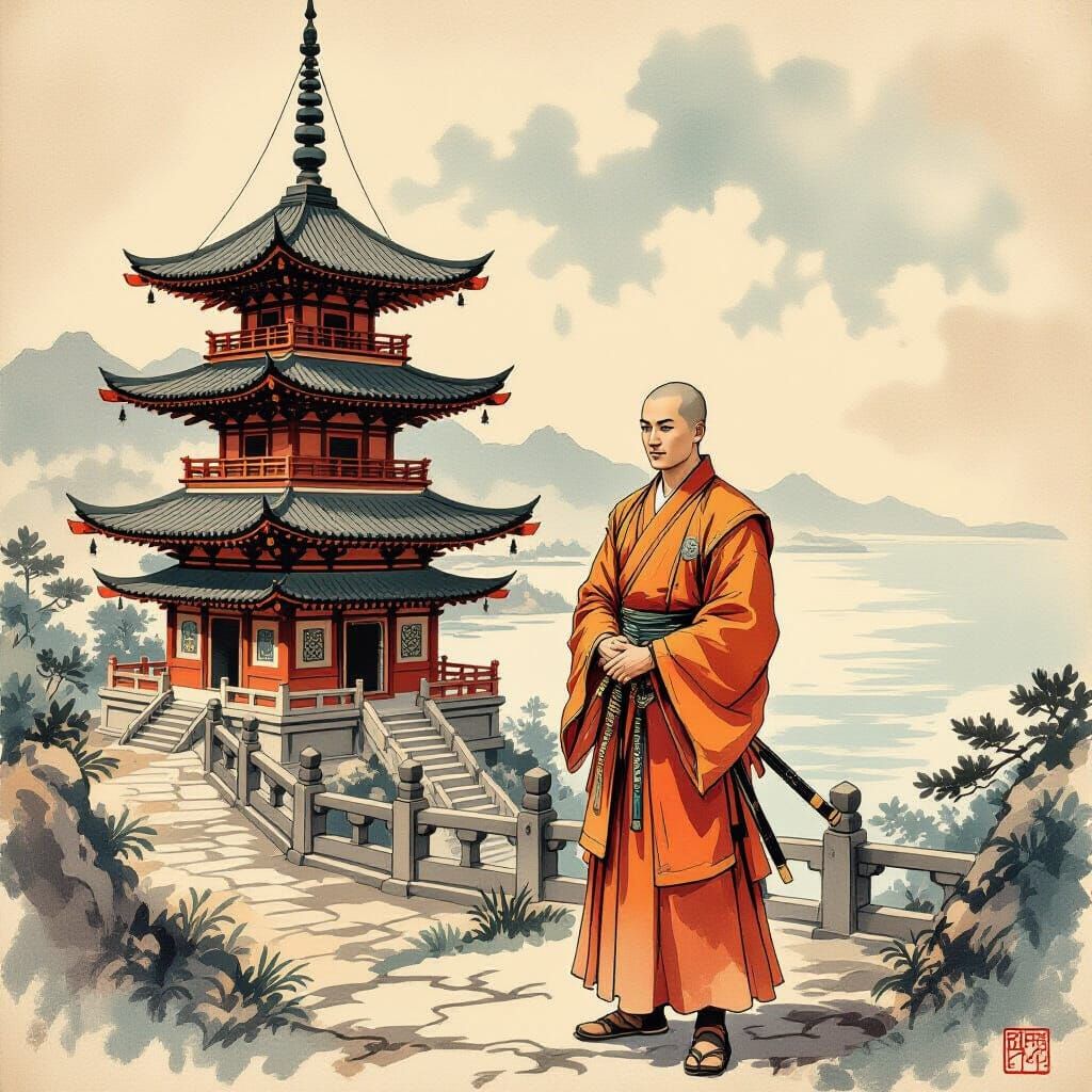 Chinese Monk at Seaside Pagoda in Vintage Style