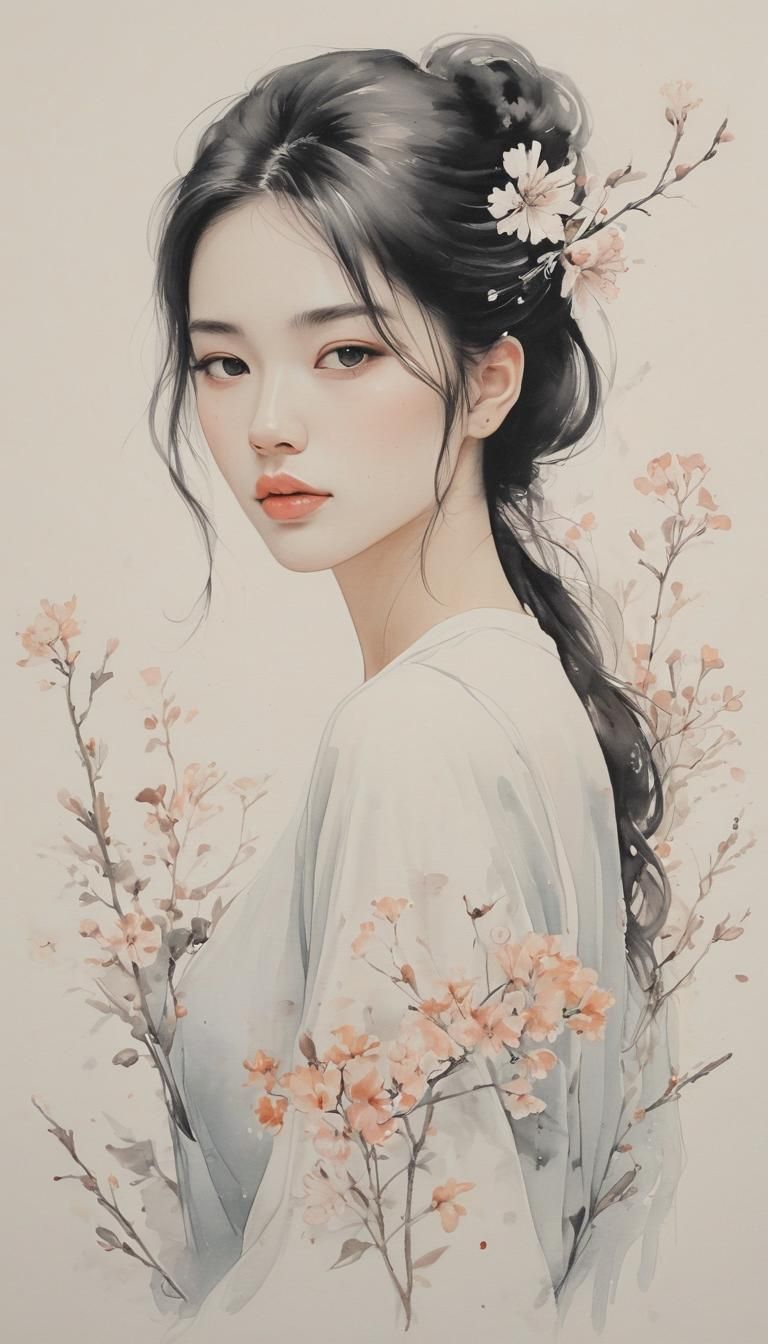 Minimalist Chinese Ink Painting of Girl in Hanfu