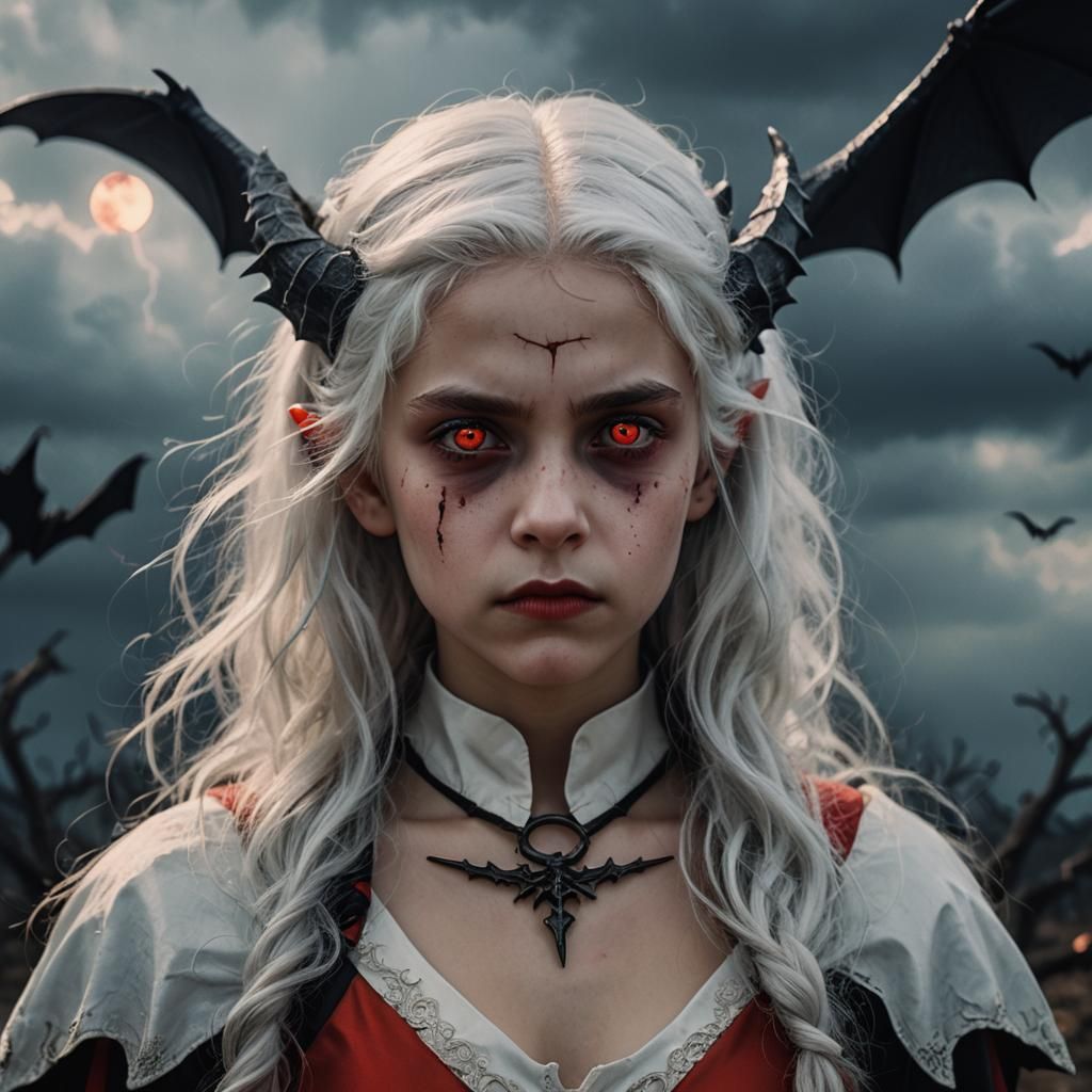 Dramatic Vampire Child with Dragon in Film Still