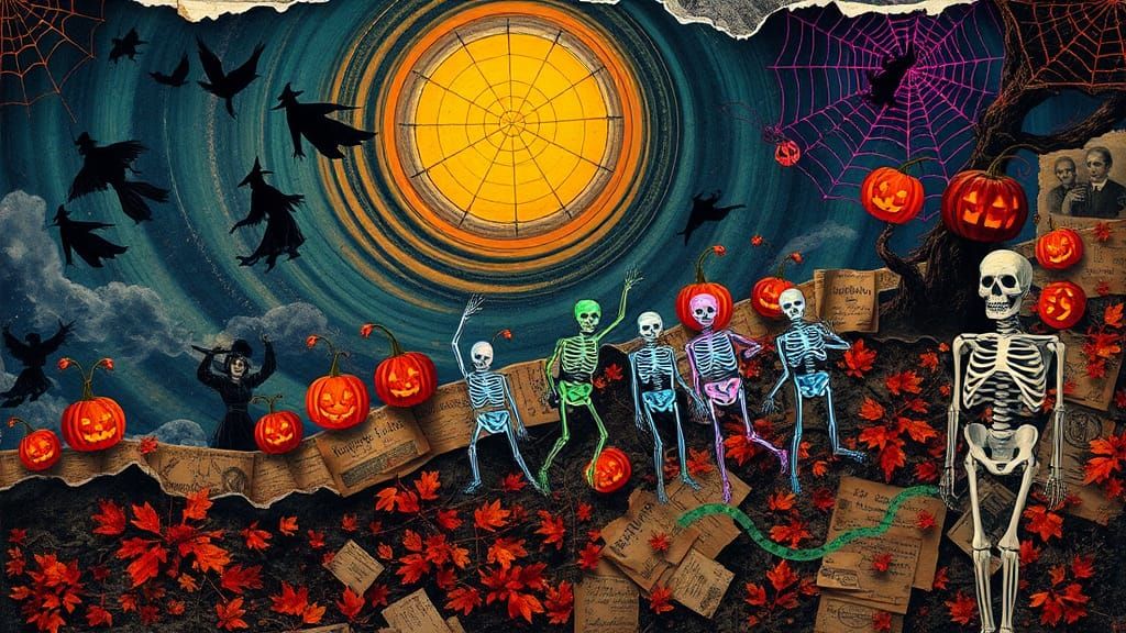 Surreal Halloween Collage with Witches and Skeletons