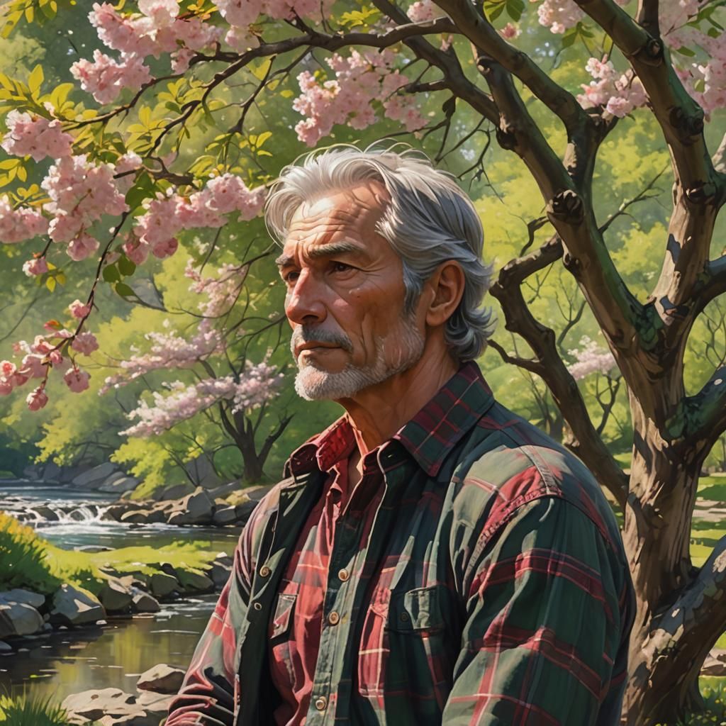 Nostalgic Portrait of Man Under Cherry Tree
