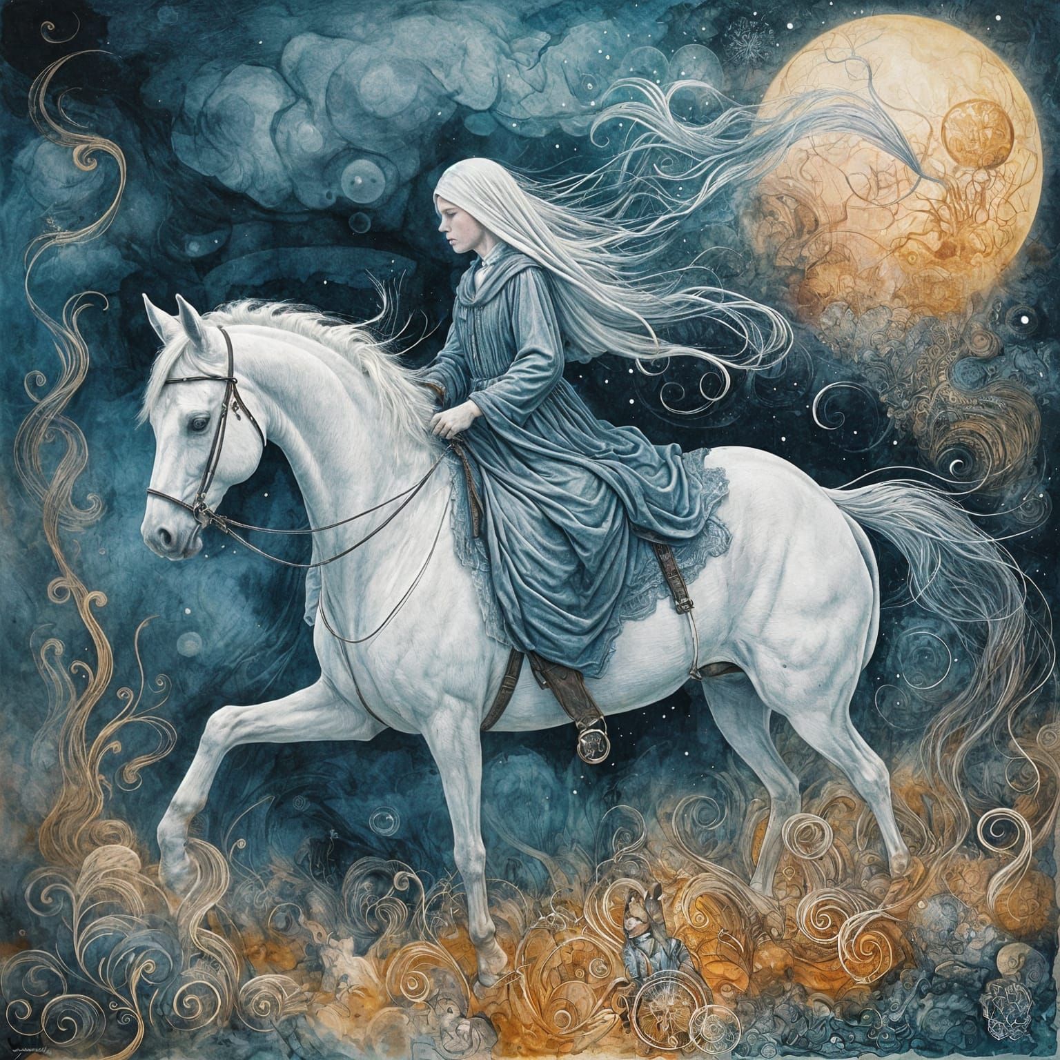 Surreal Double Exposure with Ghostly Rider and Ethereal Hors...