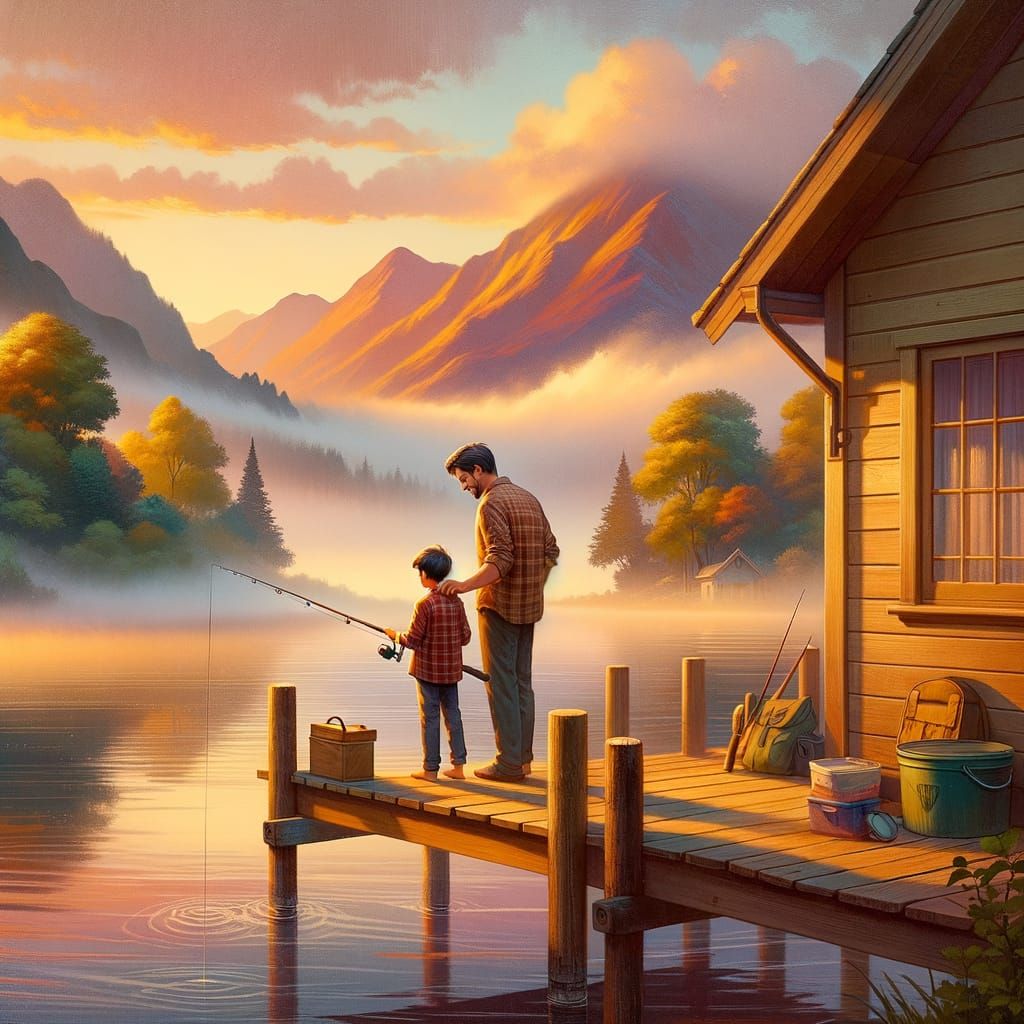 Father Teaches Son Fishing at Dawn