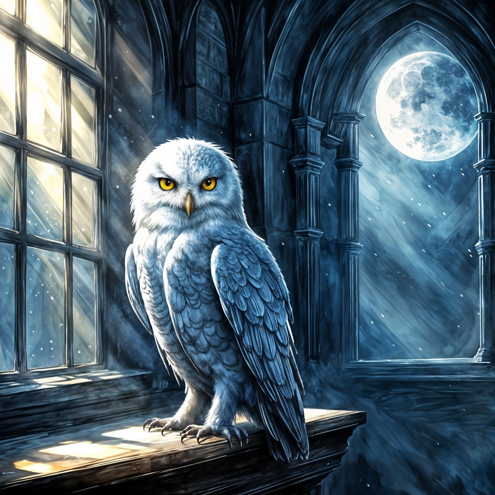 Hedwig Perched in Hogwarts Window Under Iridescent Moon