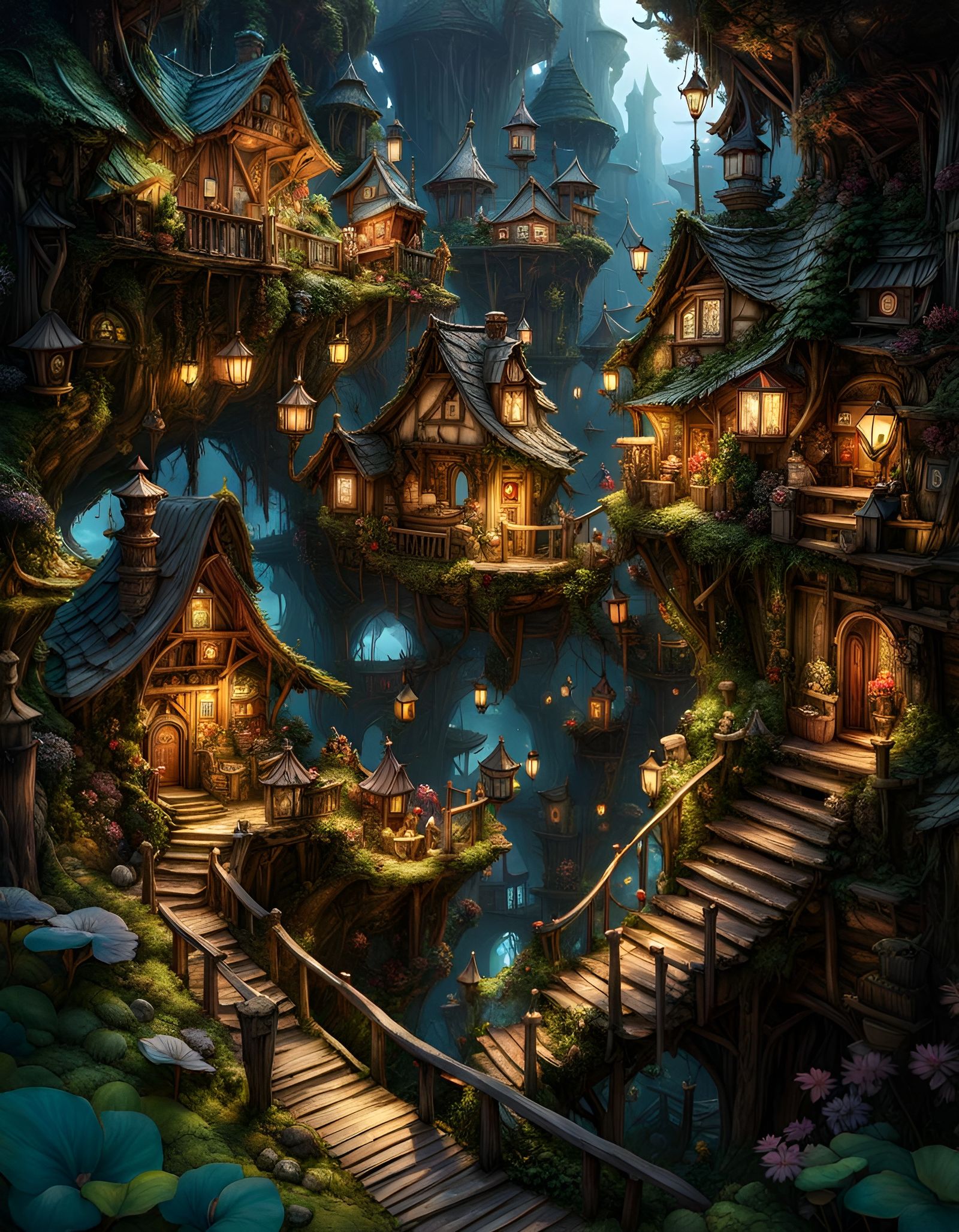 Intricate Faerie Village Inside a Giant Nest