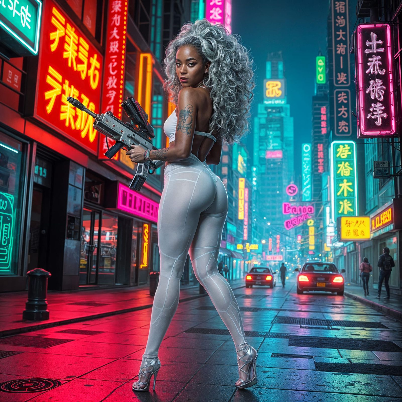 Cyberpunk Woman with Neon Tattoos in Future City