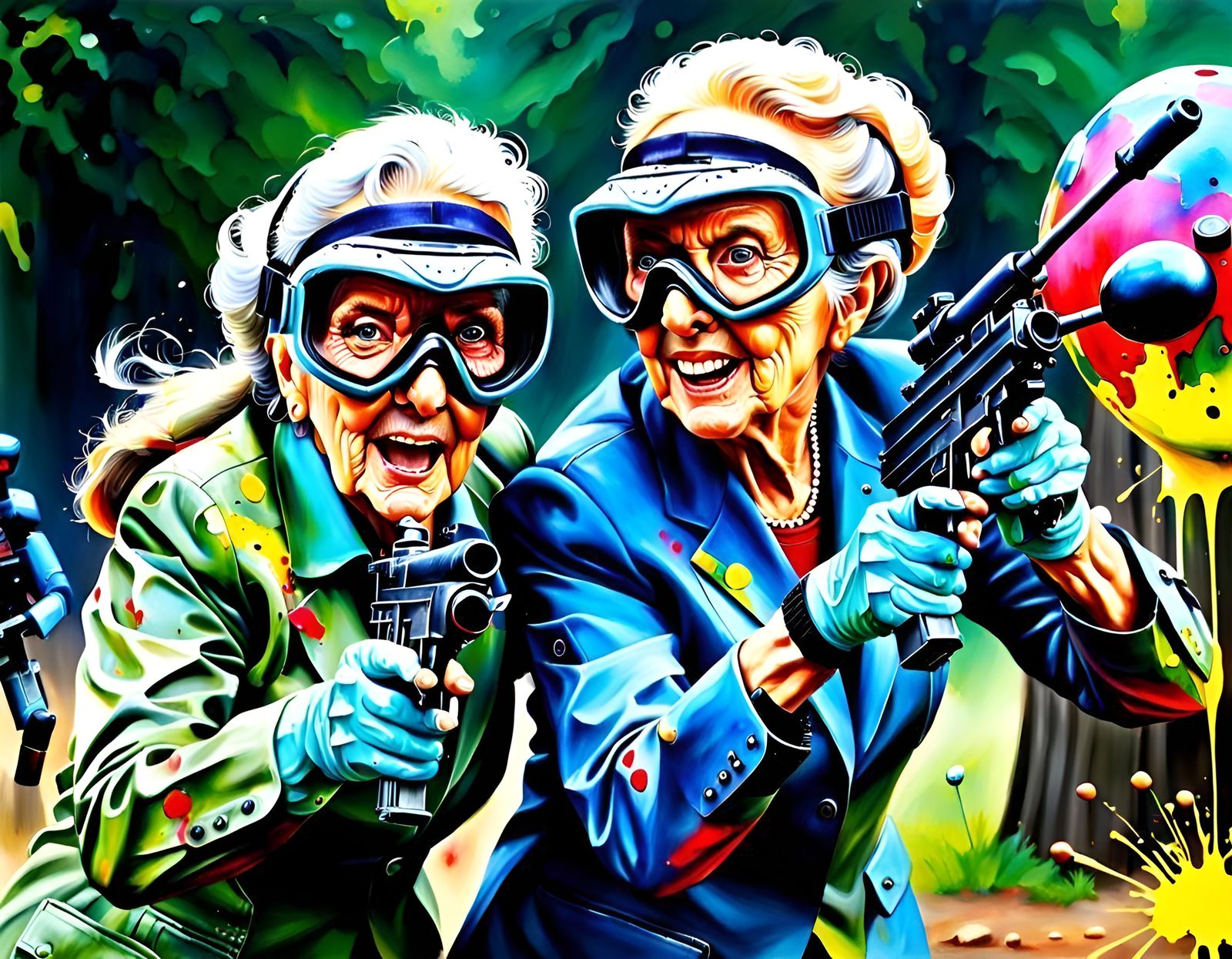 Octogenarian Couple Play Paintball as Oil Painting