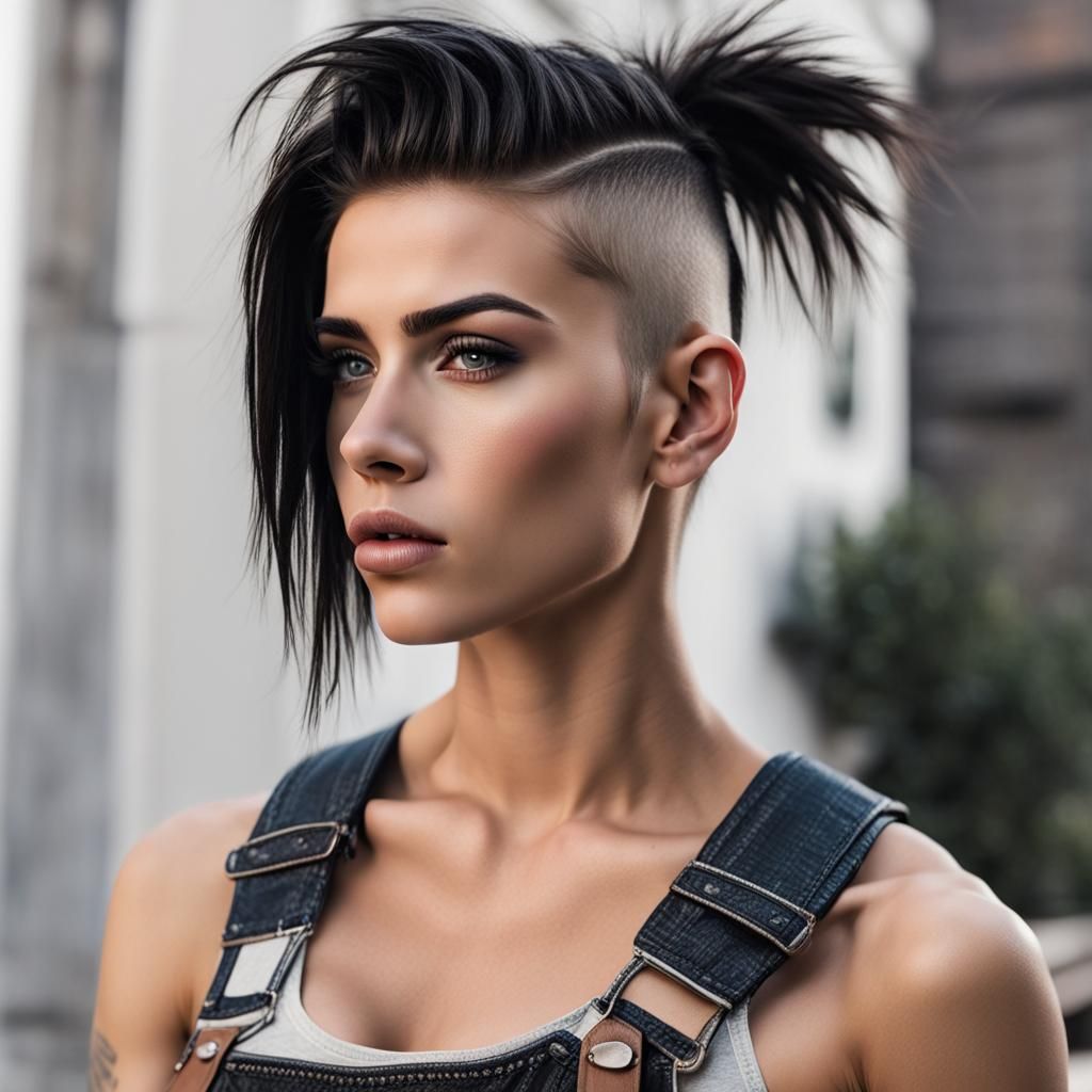 Muscular Woman with Undercut Hairstyle in Dungarees