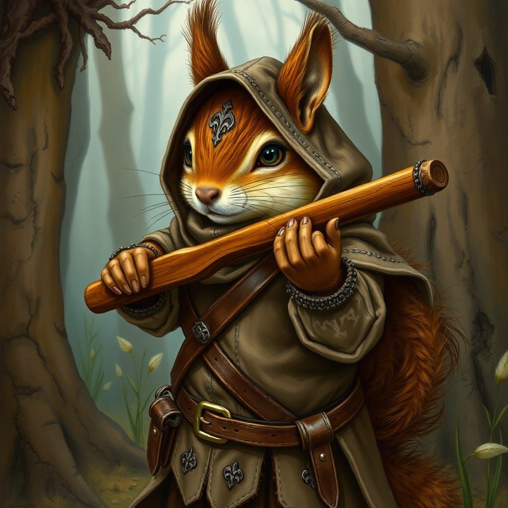 Medieval Squirrel with Slingshot in Forest Setting