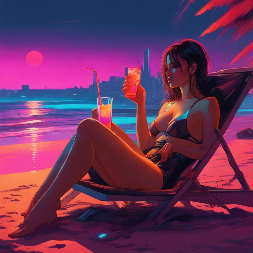 Cyberpunk Sunset: Woman on Beach with Neon Glow