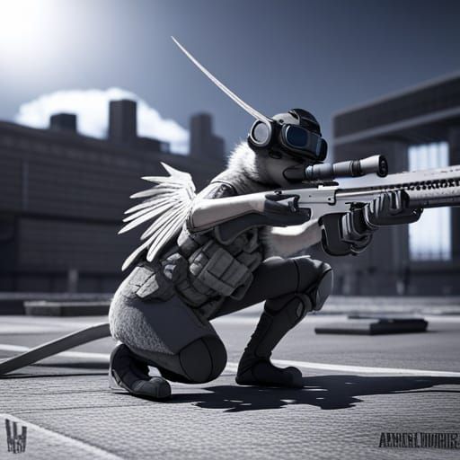 Winged Rat Angel in City Combat, 3D Render
