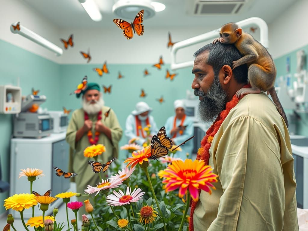 Vibrant Surrealism of Devotees in a Whimsical Hospital Scene