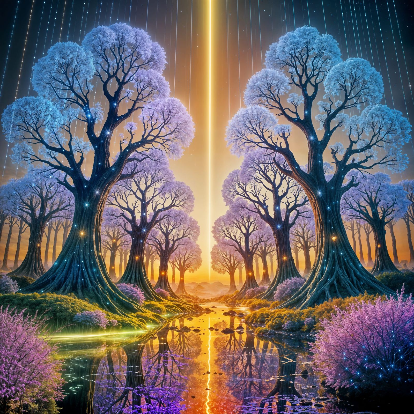 Bioluminescent Fractal Forest in Art Nouveau Style