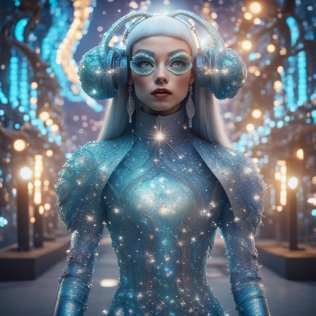 Futuristic Woman with Glittery Outfit and Headpiece