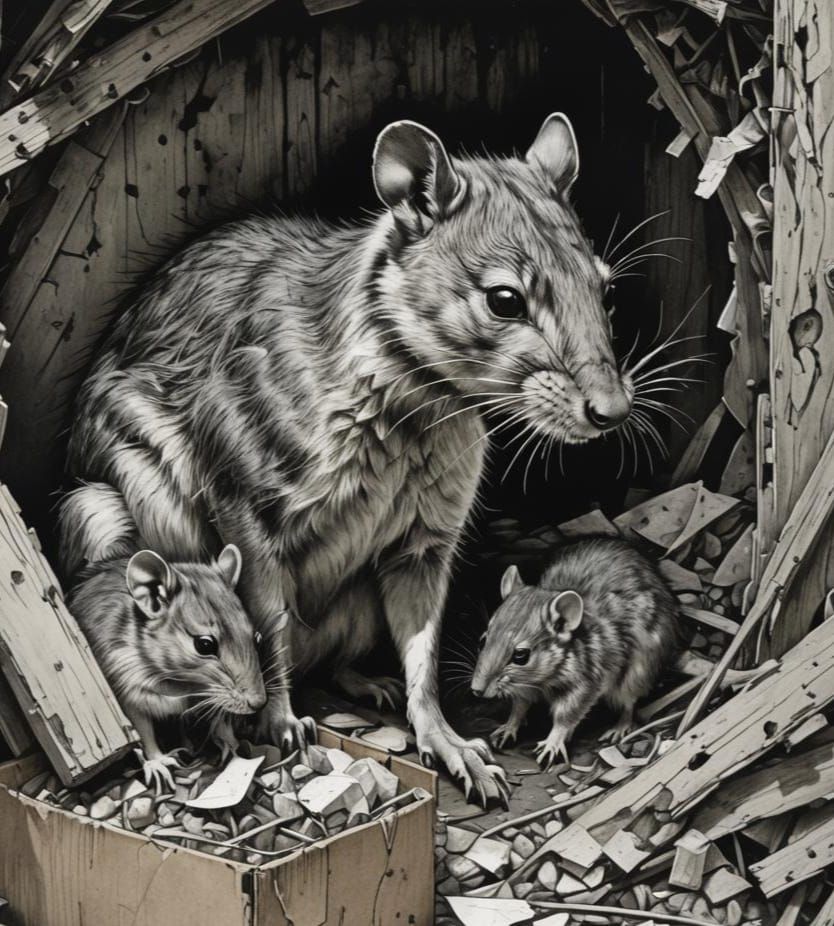 Mama Pack Rat Feeds Baby in Grungy Box Den