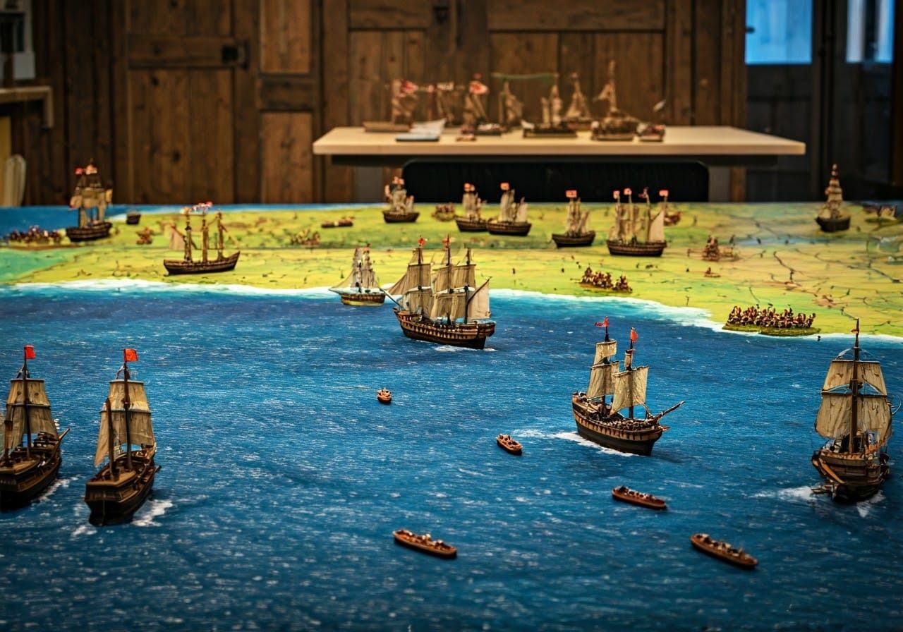 Spanish Armada Wargaming Table with Replica Galleons