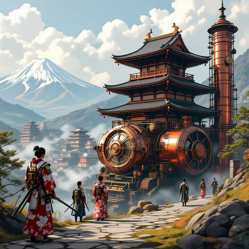 Steampunk Samurai in Feudal Japan Landscape
