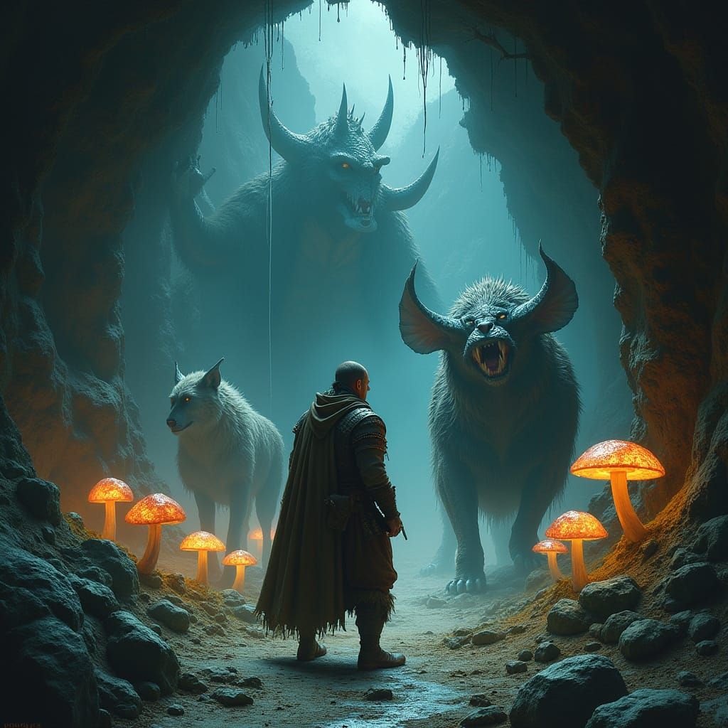 Medieval Warrior Surrounded by Fantastical Creatures in a Da...