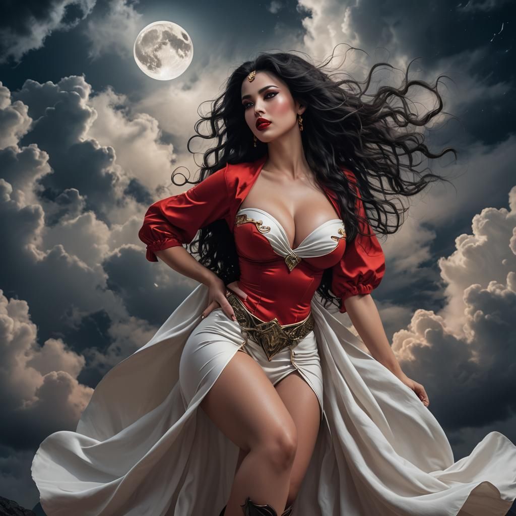 Mystical Temptress in Red: Photorealistic Full Body Portrait