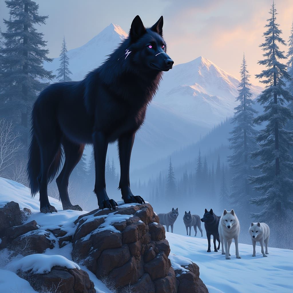 Majestic Black Wolf with Violet Eyes on Mountain Peak