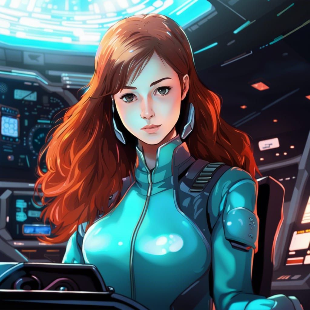 Woman Piloting Starship in Anime Style Cockpit